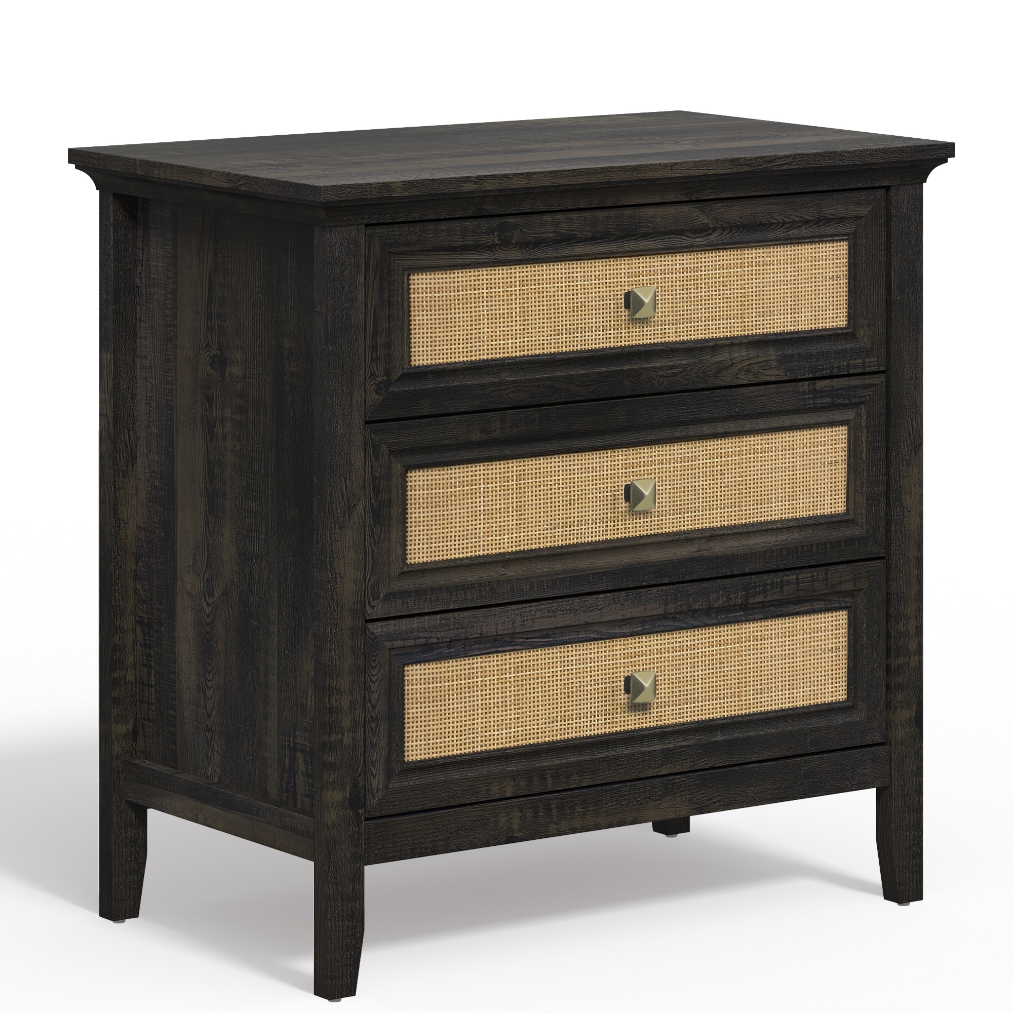 3 Drawer Dresser Rattan Dresser Wood Chest Of Drawers Farmhouse Closet Dressers Modern Bedside Table Rustic Nightstand Storage Cabinet For Bedroom, Hallway, Living Room, Dark Rustic Oak_maomaolike.com